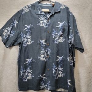 TOMMY BAHAMA Men's Hawaiian Shirt Blue Floral 100% Silk XL /TG Island Palm Trees